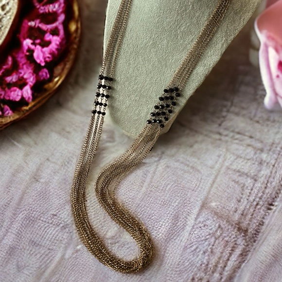 Retro Multi Strand Long Gold Black Bead Necklace - Picture 5 of 6